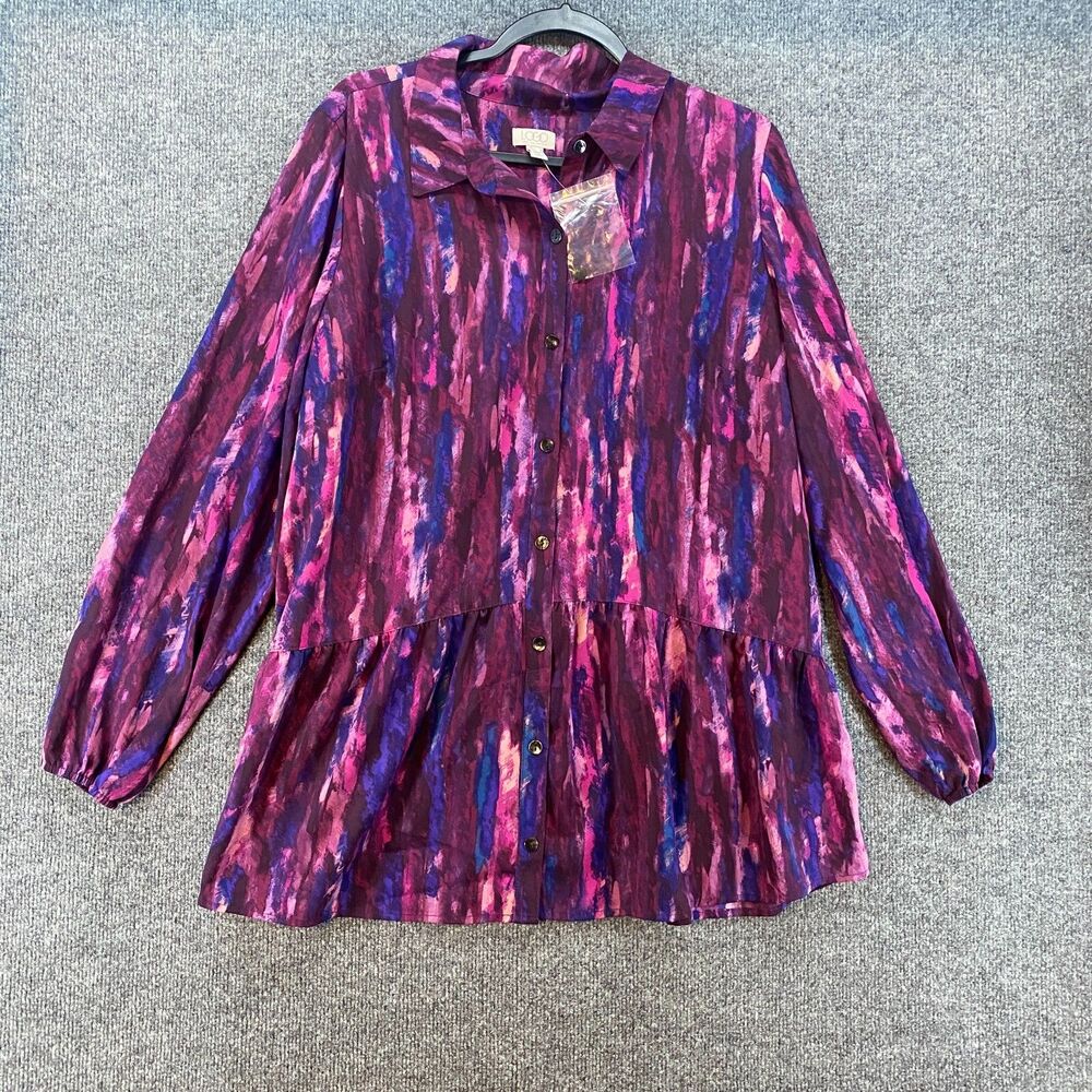 LOGO Lori Goldstein Top Size L Purple Tunic Button Up Lightweight Coastal Casual